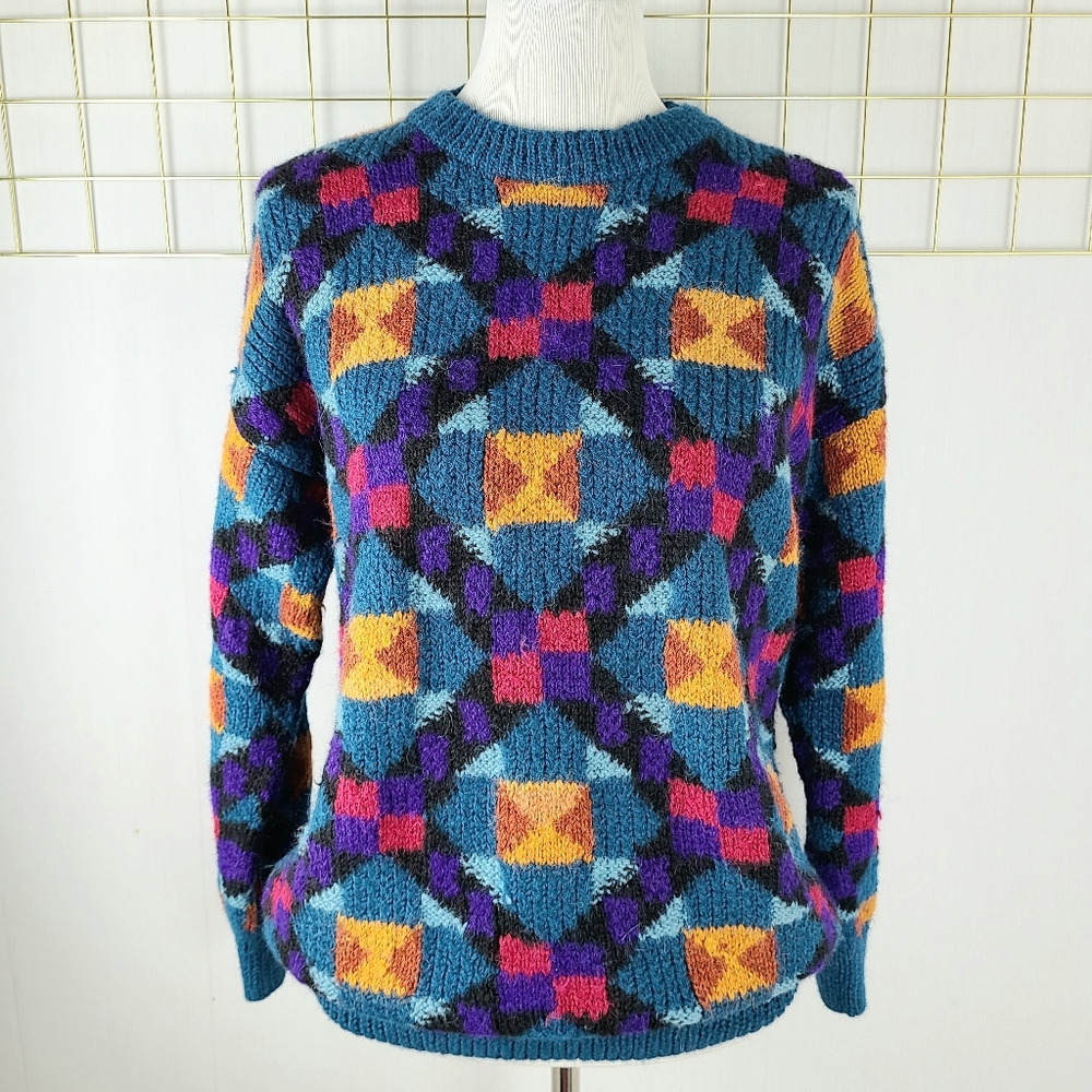Galeria Latina Alpaca Wool Hand Knit Vintage Unisex Graphic Fuzzy Sweater-Read